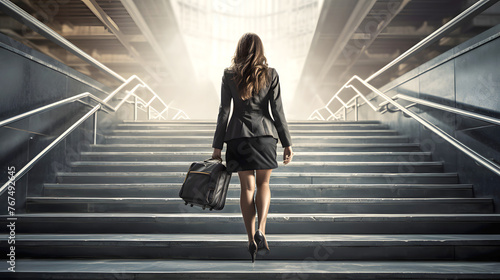 successful business woman with a business bag walks down the steps. education for career and business growth