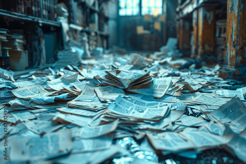 A pile of torn-up papers and documents scattered on the floor, hinting at a frenzied search or deliberate destruction of evidence. Concept of tampering with information. Generative Ai.