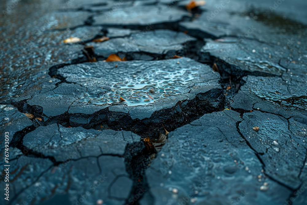 A cracked pavement with tire marks leading off the road, suggesting a vehicular accident or reckless driving. Concept of traffic-related incidents. Generative Ai. A cracked pavement with tire marks leading off the road, suggesting a vehicular accident or reckless driving. Concept of traffic-related incidents. Generative Ai.