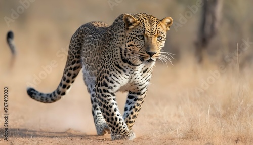 A Leopard With Its Tail Held Straight Out Behind I