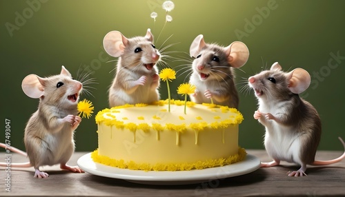 A Mouse Family Celebrating With A Dandelion Cake photo