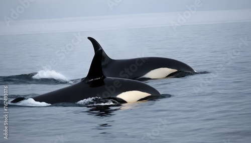 A Pair Of Orcas Hunting Together In The Deep