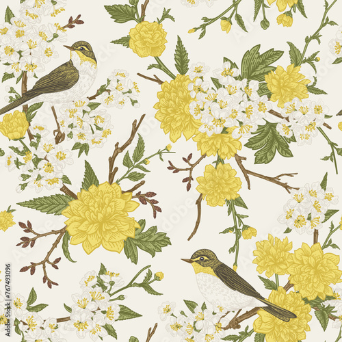 Seamless beautiful pattern in full bloom with birds. Yellow Kerria japonica and white cherry flowers. Willow warblers. Spring garden. Vintage style. Colorful.