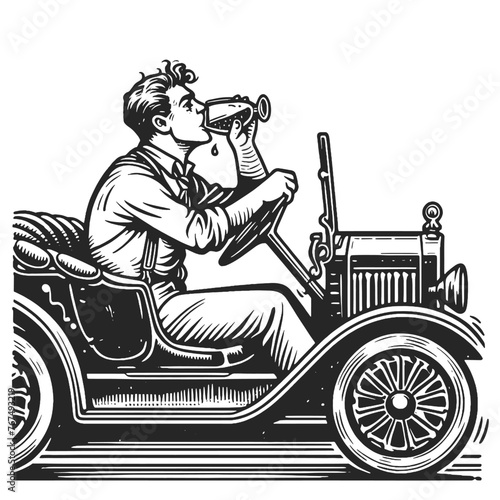 man in a bowler hat drinking alcohol while driving an old car sketch engraving generative ai fictional character vector illustration. Scratch board imitation. Black and white image.