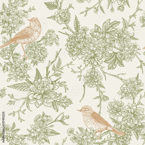 Seamless floral pattern with birds. Blooming garden trees cherry and rose. Green and gold.