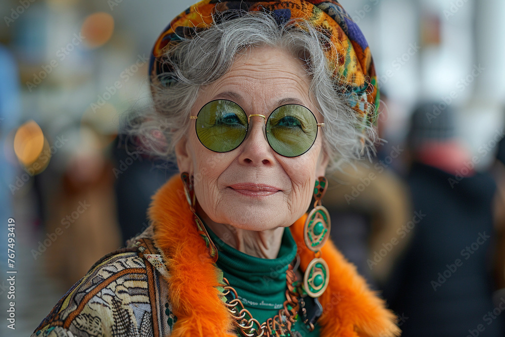 Close up portrait old elderly beautiful woman with gray hair dressed trendy clothes and accessories walking down the crowded street in the summer. Senior street fashion