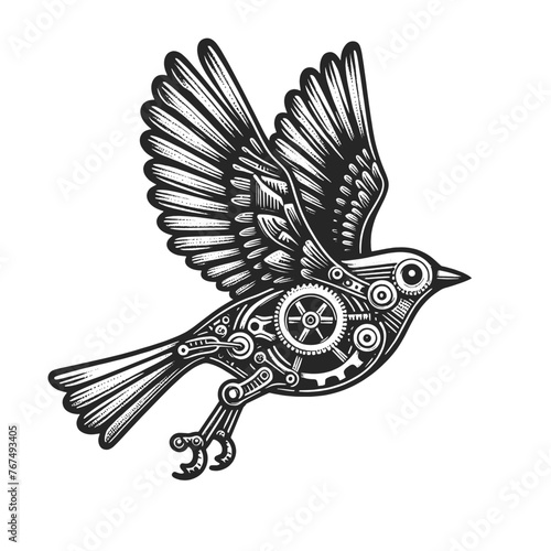 Intricate mechanical bird illustration in a black and white engraving style sketch engraving generative ai fictional character vector illustration. Scratch board imitation. Black and white image.