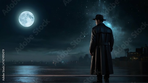 In a dimly lit astronomic holo-deck, a mysterious figure in a noir trench coat and fedora stands beneath the glow of a holographic moon, their face obscured by shadows. The scene is depicted in a stun photo