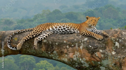  a leopard laying on top of a tree branch in front of a lush green forest filled with lots of trees.