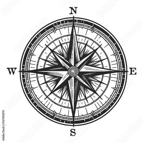 Wind rose Nautical Compass map sketch engraving generative ai fictional character vector illustration. Scratch board imitation. Black and white image.