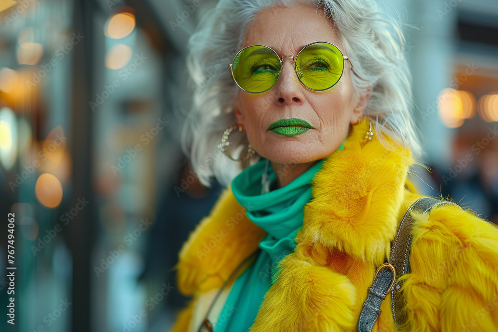 Old elderly beautiful woman with gray hair dressed trendy clothes fancy boots and accessories walking down the crowded street in the summer. Senior street fashion Old elderly beautiful woman with gray hair dressed trendy clothes fancy boots and accessories walking down the crowded street in the summer. Senior street fashion