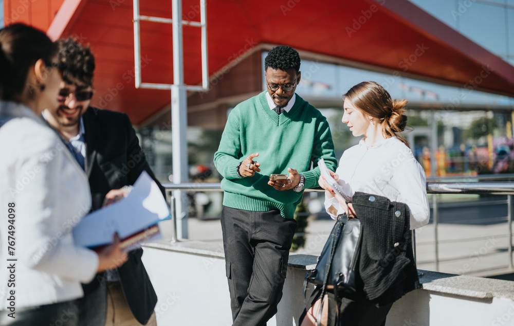 Diverse group of business associates strategizing for company expansion during an outdoor meeting in a modern setting. Diverse group of business associates strategizing for company expansion during an outdoor meeting in a modern setting.