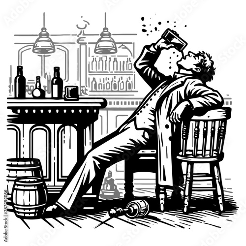 man drink at a traditional bar, with classic interior elements sketch engraving generative ai fictional character vector illustration. Scratch board imitation. Black and white image.