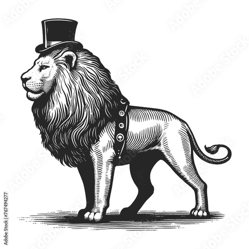 Circus majestic lion proudly wearing a top hat sketch engraving generative ai fictional character vector illustration. Scratch board imitation. Black and white image.