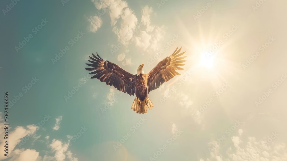 Obraz premium a bird flying high up in the sky with the sun shining down on it's wings and it's wings spread wide open.
