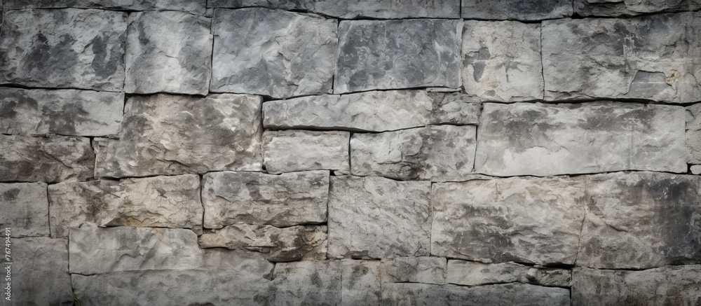 A closeup of a grey stone wall, showcasing a pattern of rectangular bricks. The brickwork is composed of a composite material and rests on a bedrock of building material