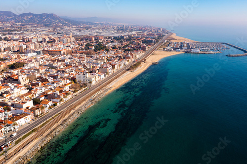 Bird's eye view of coastal town Premia de Mar in comarca of Maresme, Catalonia, Spain. © JackF