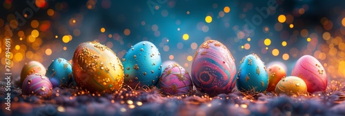 Festive easter eggs panorama with sparkling background photo