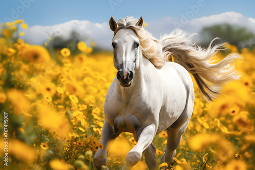 thoroughbred muscular horse running across a blooming yellow field. mammal. biology and fauna