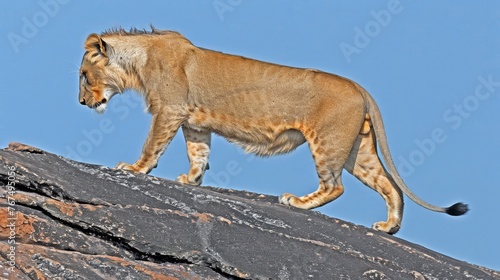  a close up of a lion on a rock with a blue sky in the backgrounnd of the image.