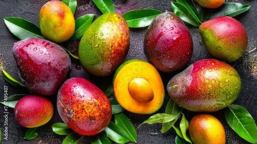  a group of fruit sitting on top of each other on top of a green leaf covered ground next to oranges and mangoes. © Olga