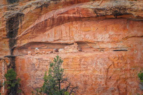 This close-up captures the incredible detail and vibrant color of an ancient cliff dwelling carved into a red rock cliff, highlighting the ingenuity of past cultures photo