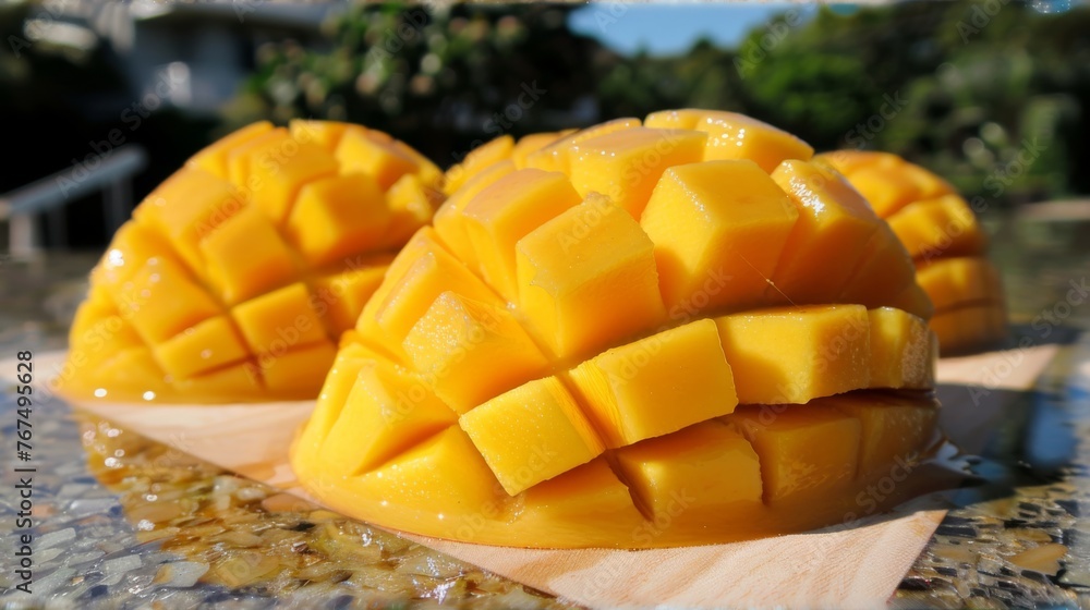  a couple of pieces of mango sitting on top of a wooden cutting board on a marble counter top with trees in the background.