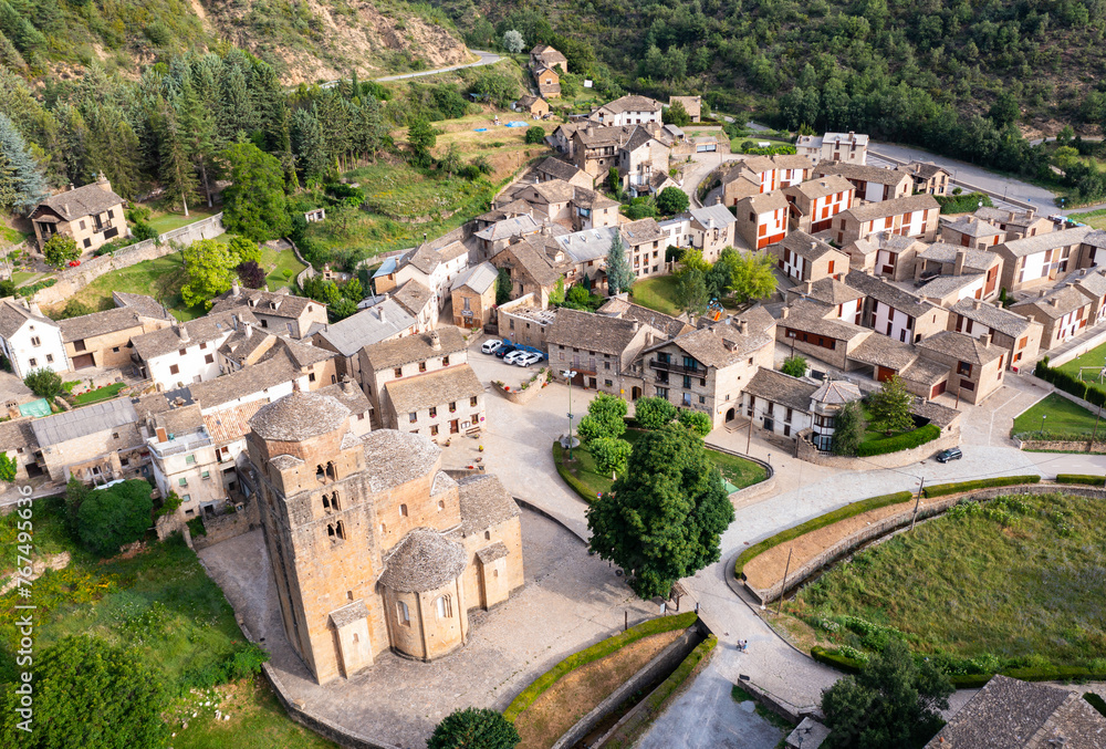 Aerial view of Santa Maria Church, Santa Cruz de la Seros, Huesca province, Aragon, Spain.