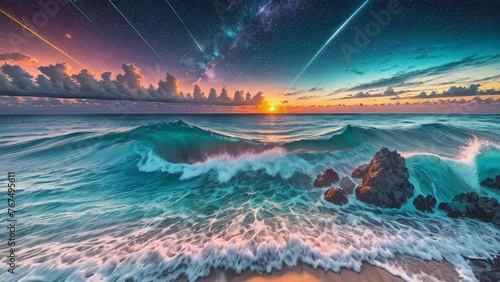 Tropical ocean landscape with blue waves, sunset and starry sky. Frame-by-frame animation with zoom effect. High quality 4k footage photo