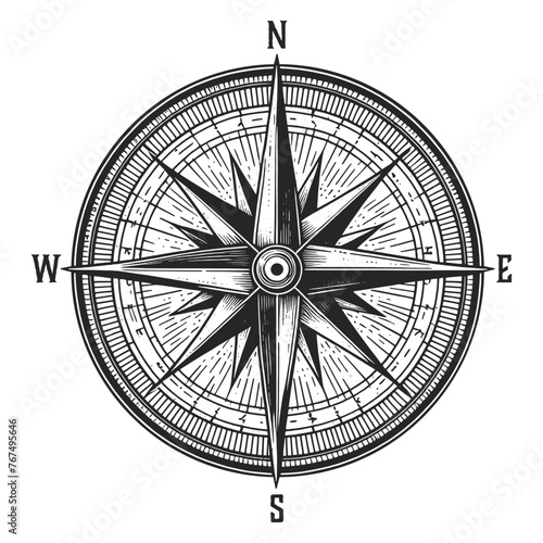 Wind rose Nautical Compass map sketch engraving generative ai fictional character vector illustration. Scratch board imitation. Black and white image.