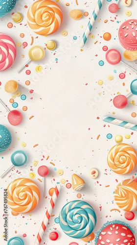 Candies sweets greeting card frame isolated on white background. Generative AI.