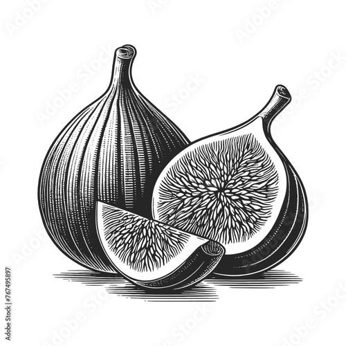 ripe fig fruit with a detailed leaf, depicted in an elegant engraved style black and white vintage illustration. Sketch engraving generative ai vector illustration. Scratch board imitation. 