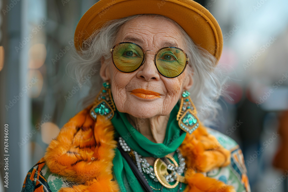 Old elderly beautiful woman with gray hair dressed trendy clothes fancy boots and accessories walking down the crowded street in the summer. Senior street fashion