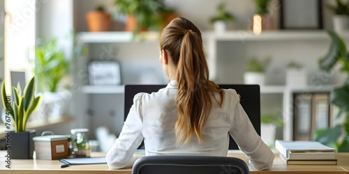 Young businesswoman with bad posture experiencing back pain while sitting at her office desk. Concept Posture Correction, Workplace Ergonomics, Back Pain Relief, Office Desk Exercises