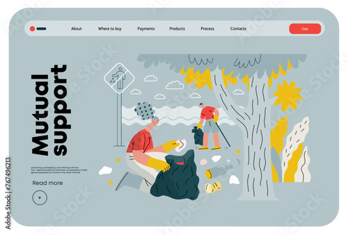 Mutual Support: Cleaning up trash, Garbage collection -modern flat vector concept illustration of people collecting trash on the beach A metaphor of voluntary, collaborative exchanges of resource