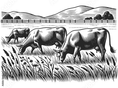  cows grazing peacefully among wildflowers and grass sketch engraving generative ai fictional character vector illustration. Scratch board imitation. Black and white image.