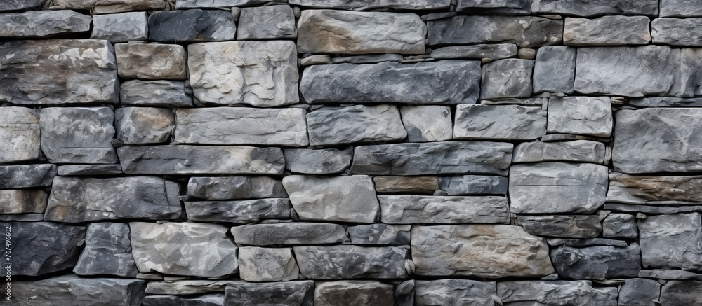 A detailed closeup of a brickwork stone wall showcasing a beautiful pattern of rectangular bricks, made of composite material and set on a bedrock foundation A detailed closeup of a brickwork stone wall showcasing a beautiful pattern of rectangular bricks, made of composite material and set on a bedrock foundation