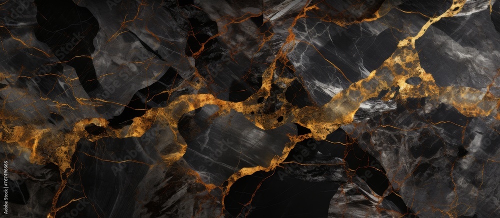A detailed shot capturing the intricate patterns of a black and gold marble texture, resembling a luxurious city skyline reflected in water A detailed shot capturing the intricate patterns of a black and gold marble texture, resembling a luxurious city skyline reflected in water