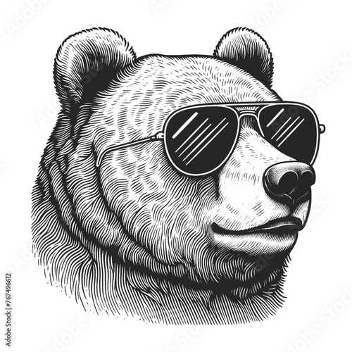 bear with a hipster vibe, sporting sunglasses sketch engraving generative ai fictional character vector illustration. Scratch board imitation. Black and white image.