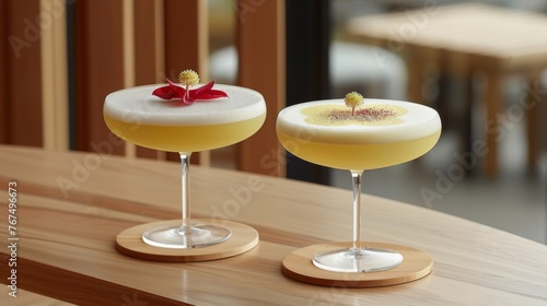  a close up of two glasses of drinks on a table with a flower on the top of one of the glasses.