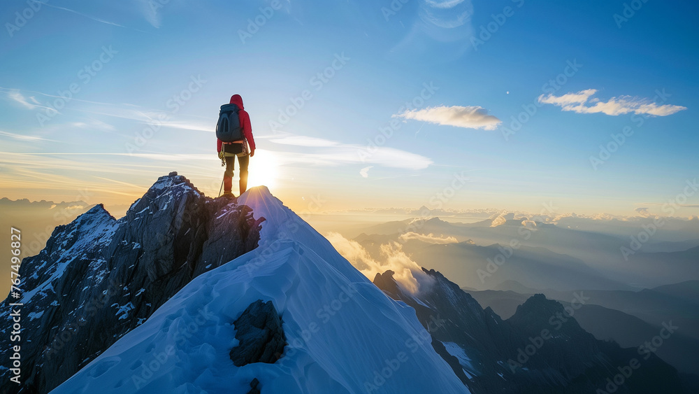 Hiker standing on top of a mountain and enjoying the view of the sunrise Hiker standing on top of a mountain and enjoying the view of the sunrise