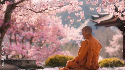 Buddhist monk sitting in the lotus position in front of a cherry blossom tree