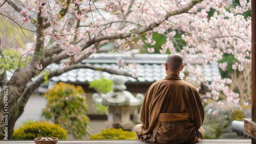 Buddhist monk sitting in the lotus position in front of a cherry blossom tree