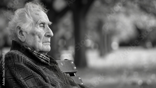 Portrait of an elderly man in the park. Black and white photo.