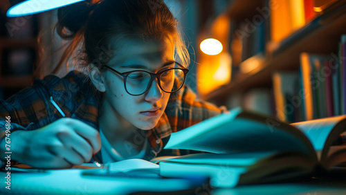 Schoolgirl doing homework in library at night. Education and knowledge concept. © Ju Wan Yoo