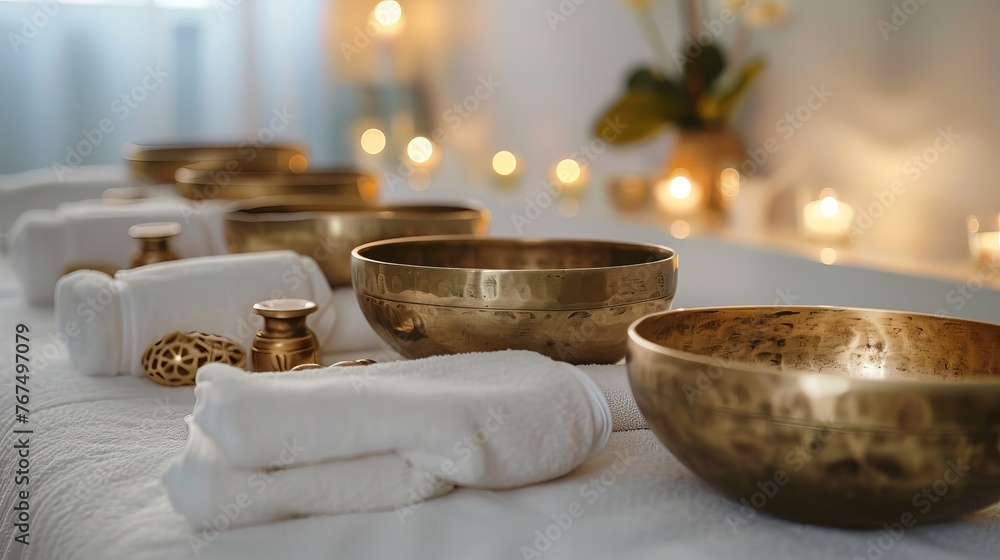 The view from above shows Tibetan singing bowls neatly arranged in a row on a white massage bed in a cozy spa salon.