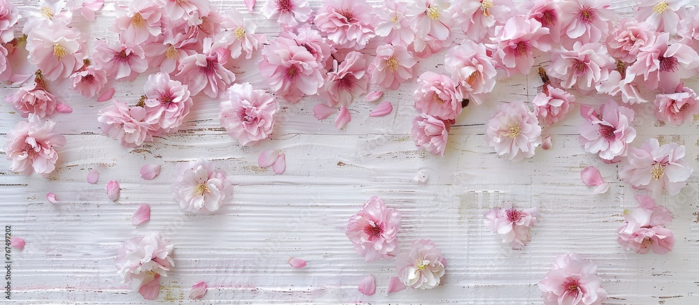 Pink flowers on a white wooden background during spring season, arranged flatly with a top view and space for text. Pink flowers on a white wooden background during spring season, arranged flatly with a top view and space for text.