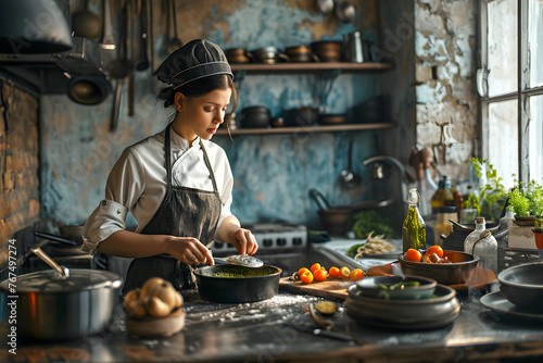 young beautiful woman preparing food in the kitchen. cooking salad in the kitchen. Healthy eating  vegetarian food and dieting concept