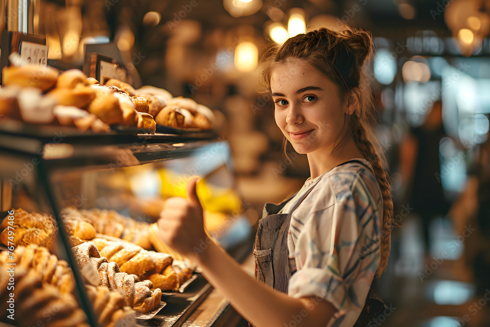 young woman baker is engaged in baking buns and bagels. sale of dessert pastries in a supermarket store young woman baker is engaged in baking buns and bagels. sale of dessert pastries in a supermarket store