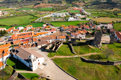 Picturesque view from drone of Mogadouro village and ruined medieval castle in Portuguese district of Braganca